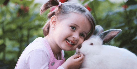 Kind mit Hase vor Tiertransport